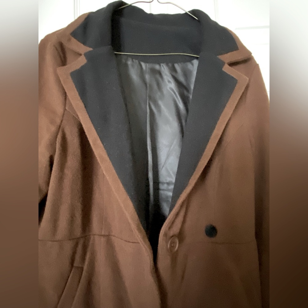 Brown & Black Trimmed Trench Coat Overcoat - Perfect Winter Staple - Picture 2 of 5